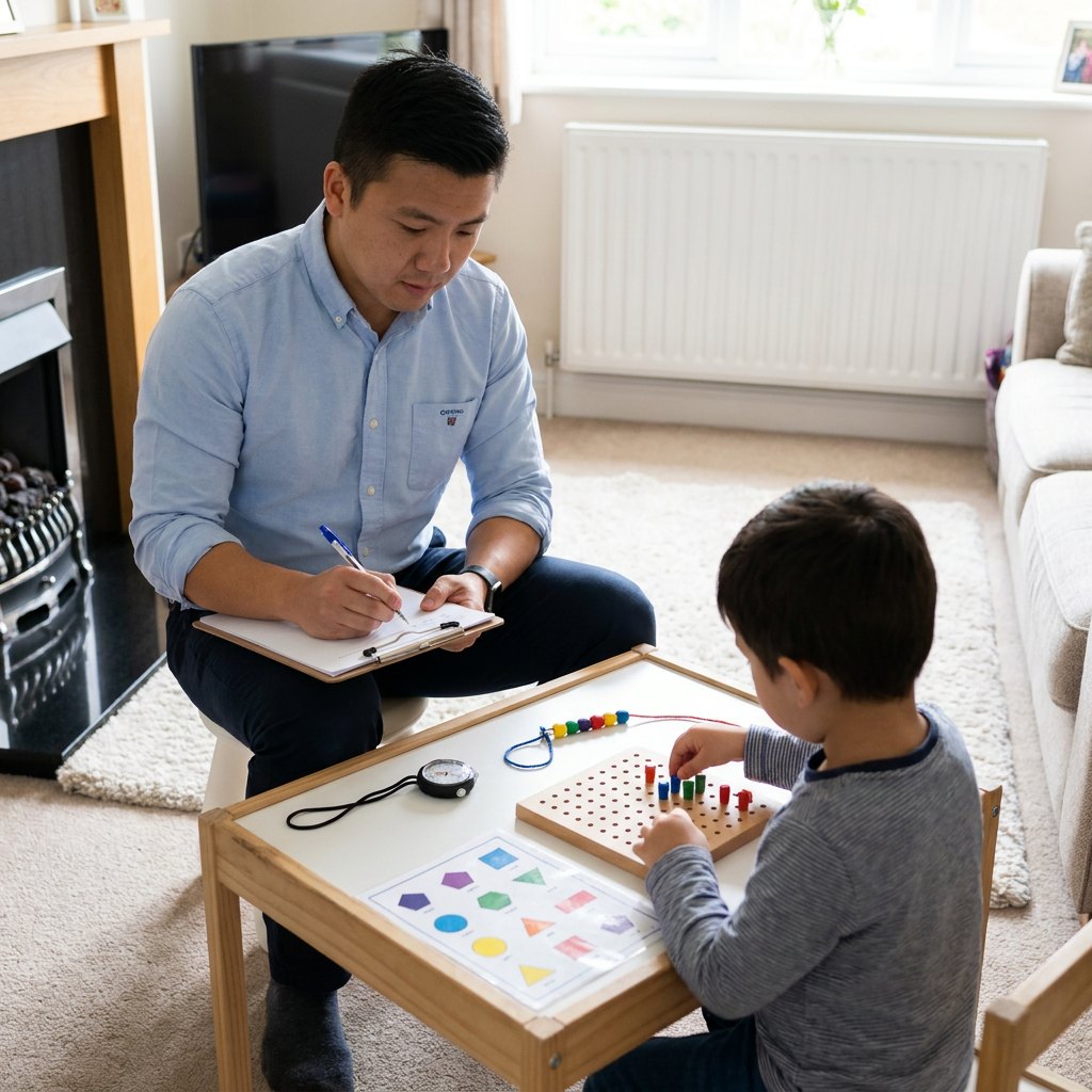 Wilfred taking notes on a clipboard as a young child places pegs into a pegboard at a small table in a family living room