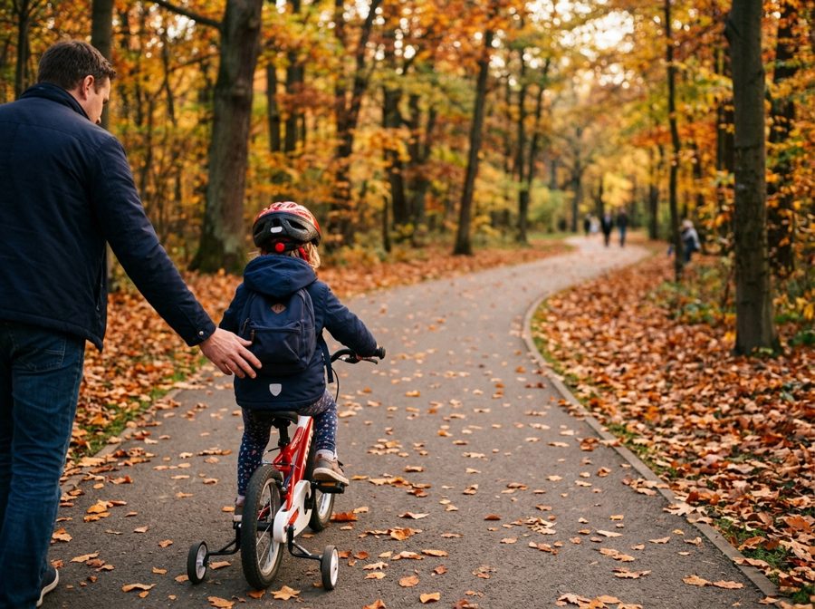 A child learning to ride a bike with stabilisers along an autumn park path, an adult walking alongside