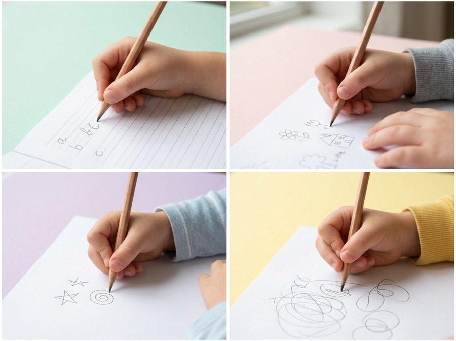 Four children's hands, each holding a pencil in a different comfortable grip