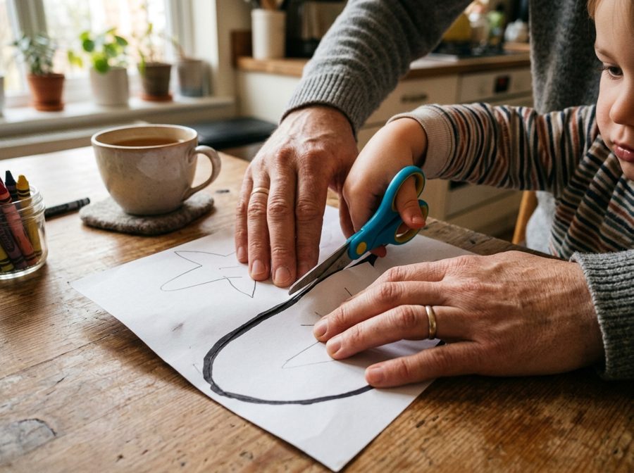 A parent holding paper steady while a child cuts along a line with scissors