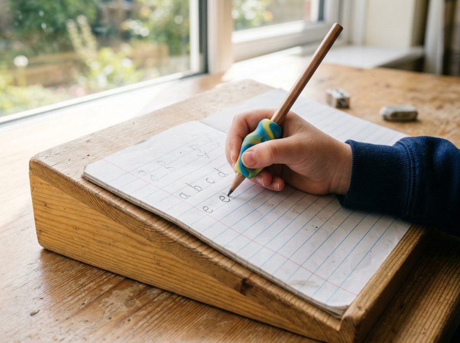 A child's hand writing letters in an exercise book with a pencil grip on a sloped wooden board