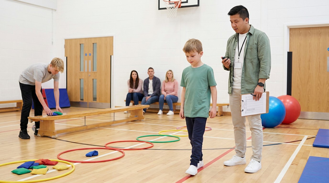 Children balancing on a low beam and stepping through hoops in a bright sports hall