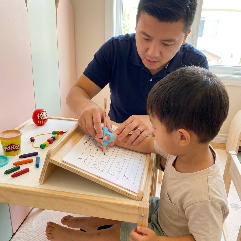 A child writing with a pencil grip on a sloped board