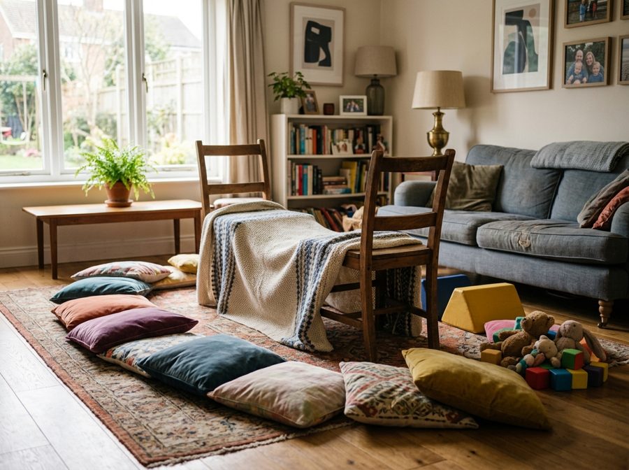 Sofa cushions and a blanket tunnel set out as an obstacle course in a living room