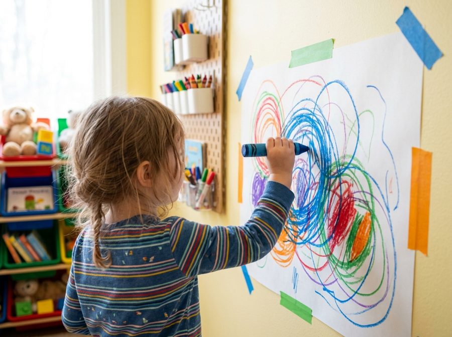 A child drawing big colourful circles with a crayon on paper taped to a wall