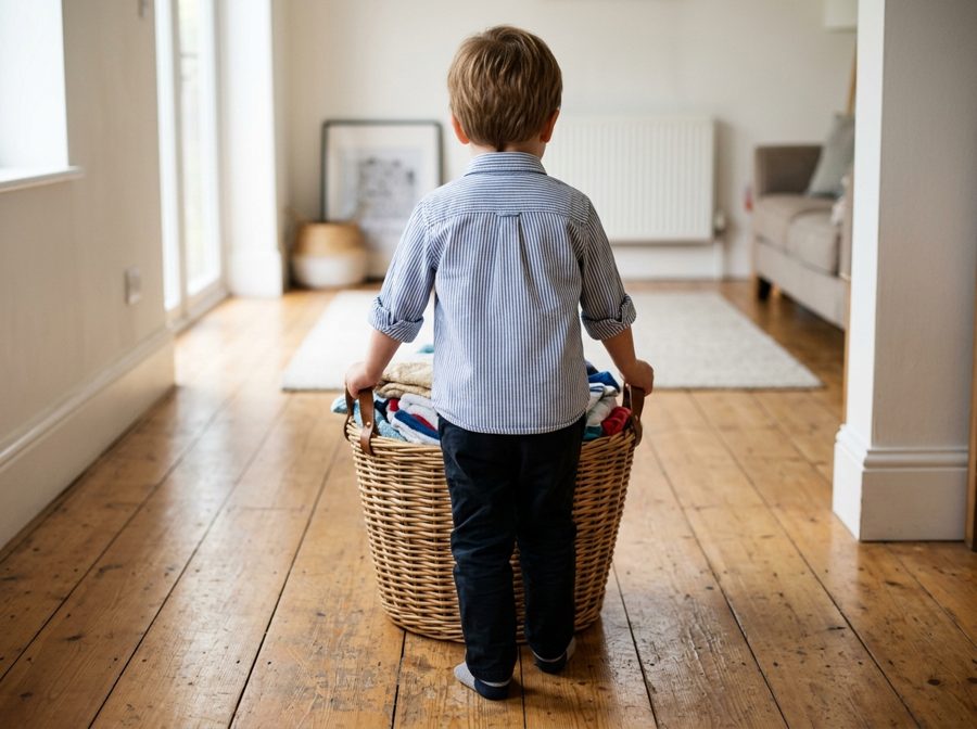 A child seen from behind carrying a laundry basket across a wooden floor