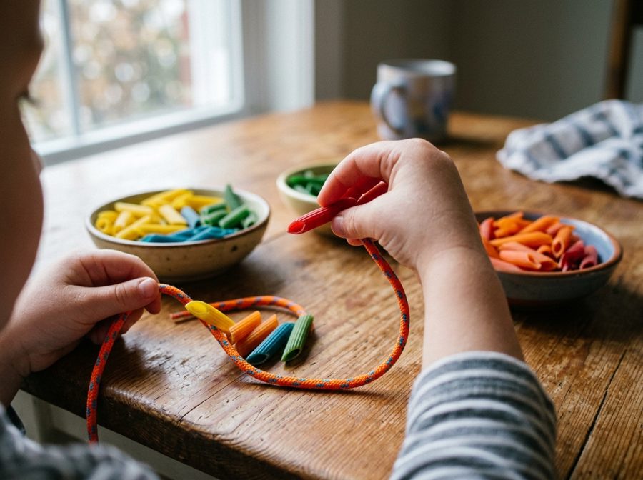 A child's hands threading coloured penne pasta onto a cord