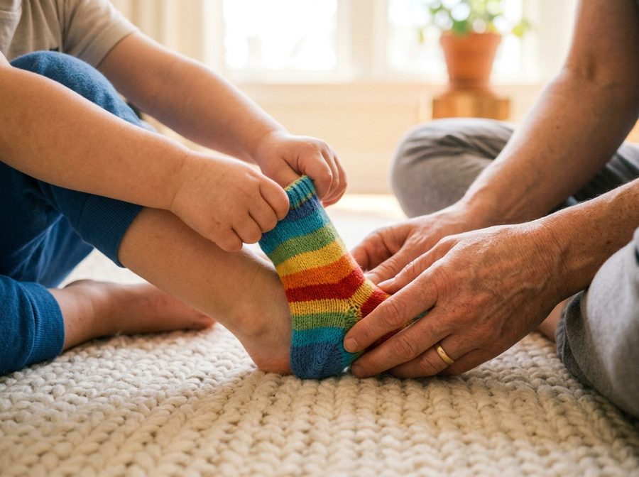 A child pulling on a striped sock while an adult helps