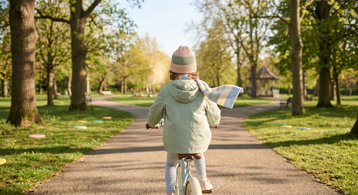 A child riding a bike on their own along a sunny park path