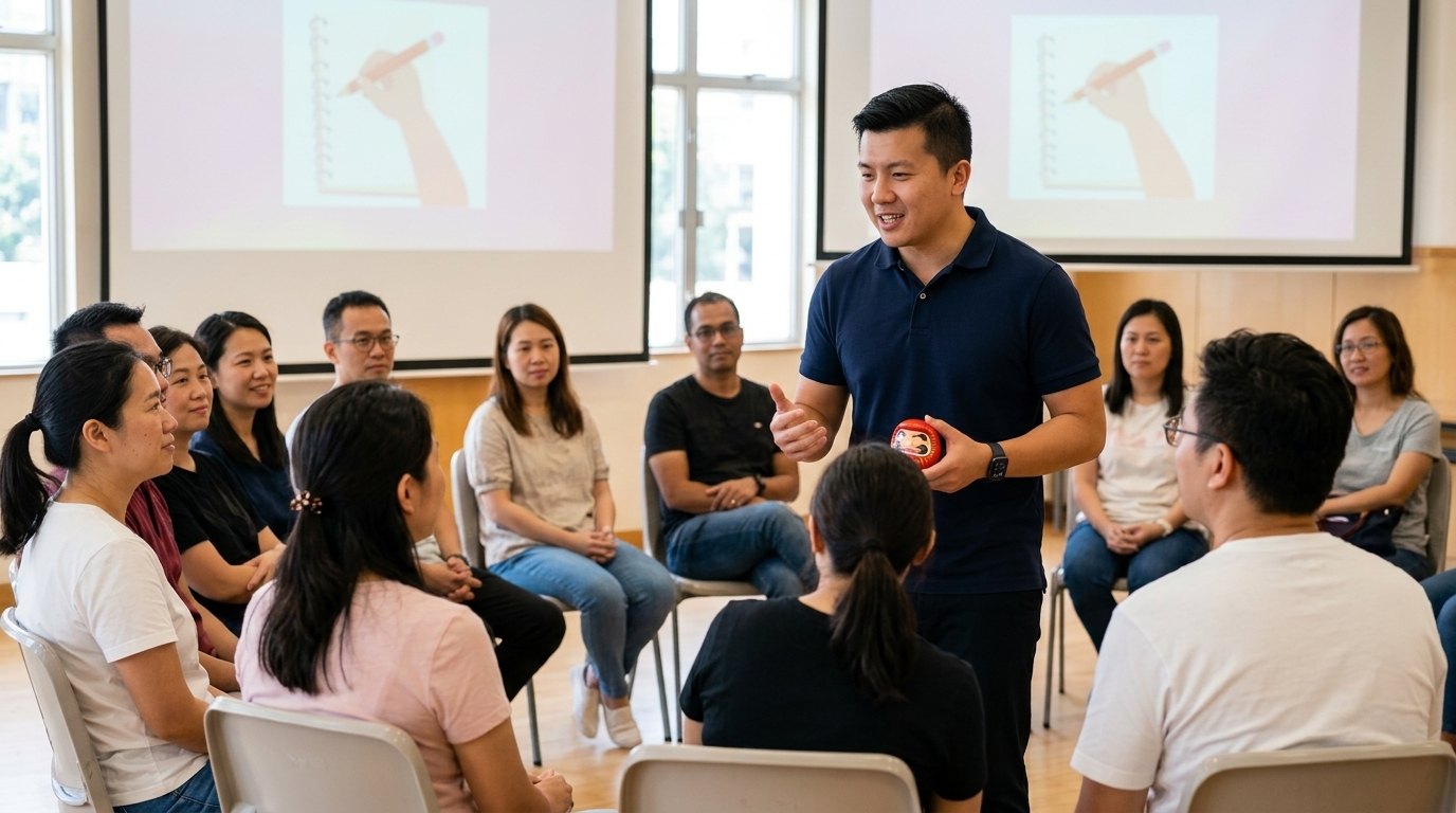 Wilfred talking with a group of parents seated in a circle